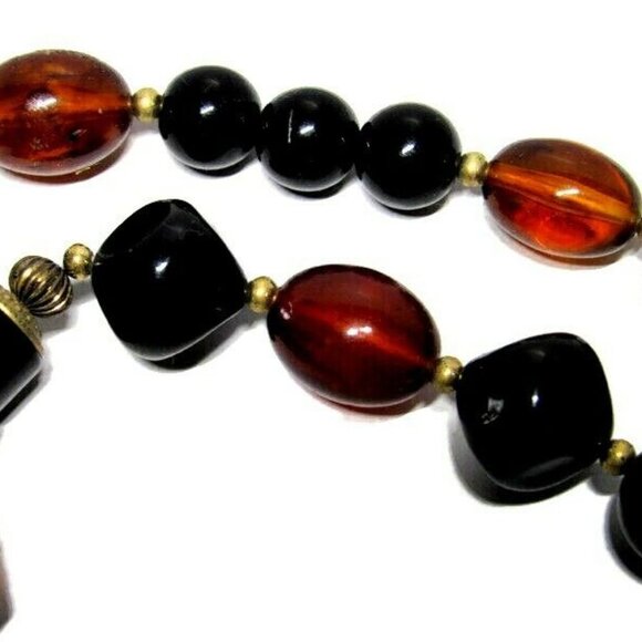 Vintage Plastic Resin Bead Necklace Brown Metal Brass - Picture 4 of 6